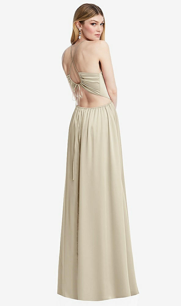 Back View - Champagne Halter Cross-Strap Gathered Tie-Back Cutout Maxi Dress