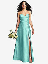 Front View Thumbnail - Coastal Strapless Bustier A-Line Satin Gown with Front Slit