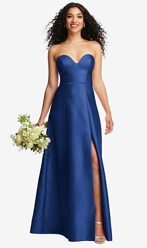 Front View - Classic Blue Strapless Bustier A-Line Satin Gown with Front Slit