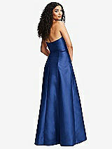 Rear View Thumbnail - Classic Blue Strapless Bustier A-Line Satin Gown with Front Slit