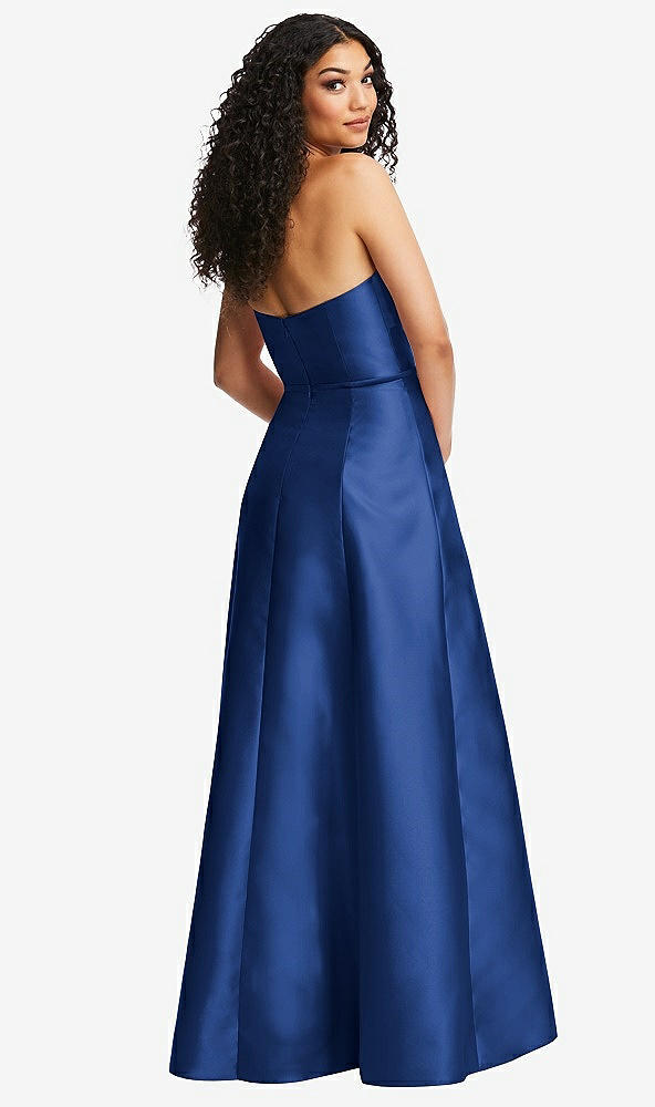 Back View - Classic Blue Strapless Bustier A-Line Satin Gown with Front Slit