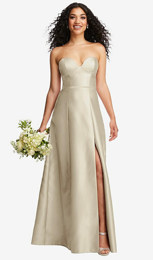 Front View - Champagne Strapless Bustier A-Line Satin Gown with Front Slit