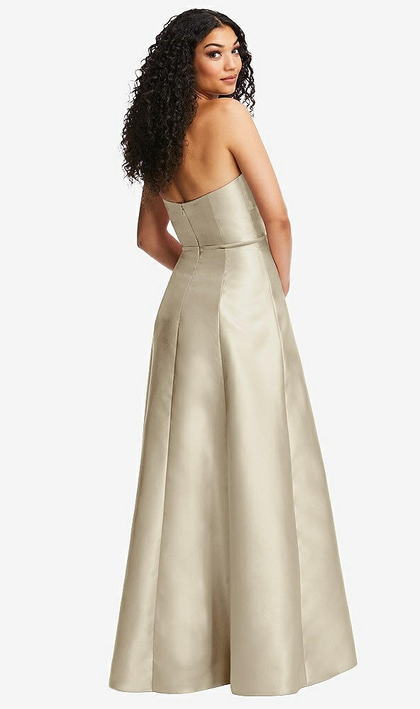 Back View - Champagne Strapless Bustier A-Line Satin Gown with Front Slit