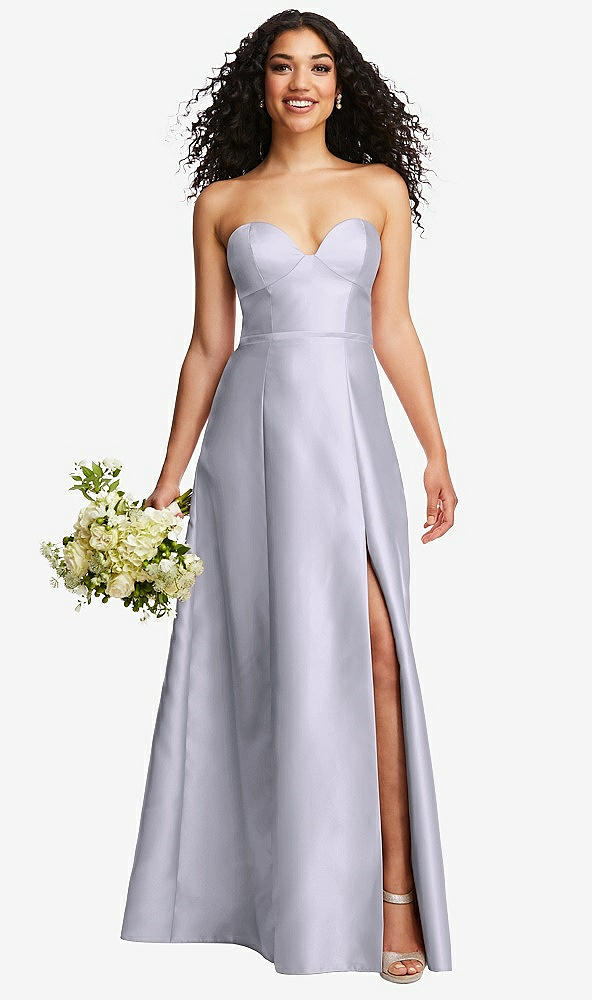 Front View - Silver Dove Strapless Bustier A-Line Satin Gown with Front Slit