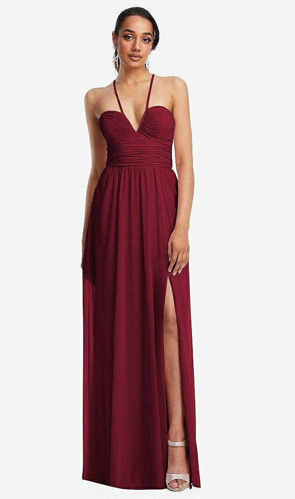 Front View - Burgundy Plunging V-Neck Criss Cross Strap Back Maxi Dress