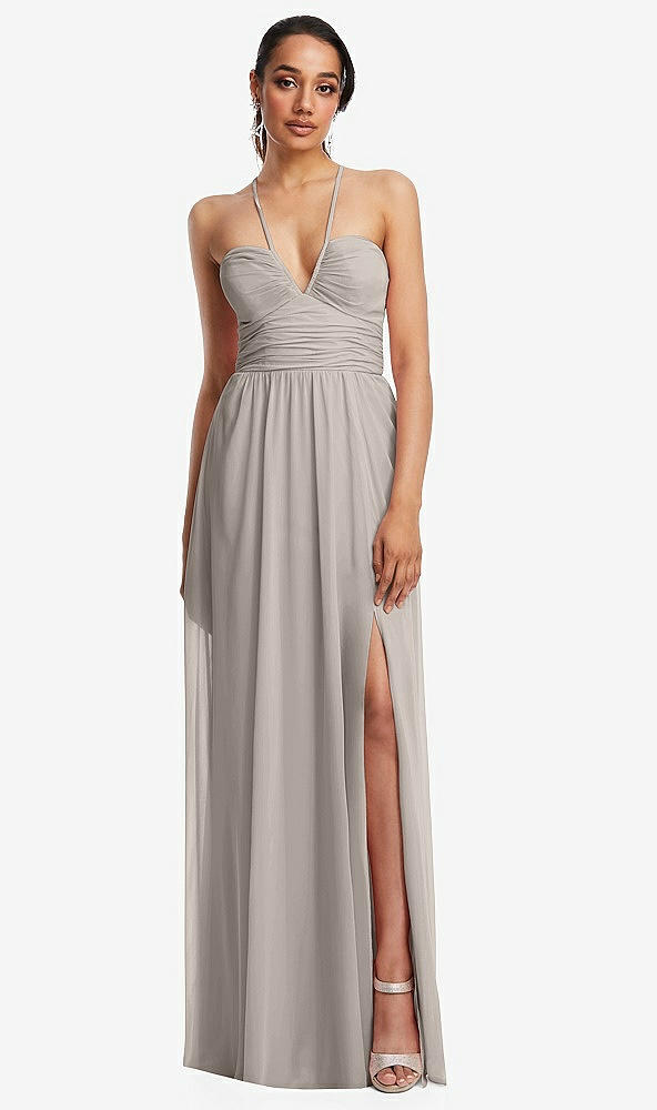 Front View - Taupe Plunging V-Neck Criss Cross Strap Back Maxi Dress