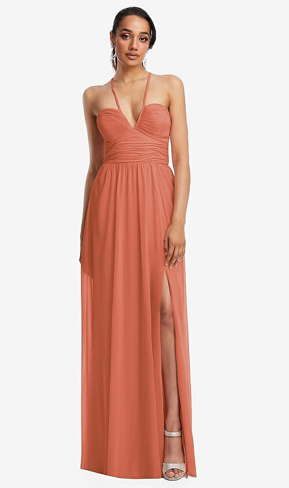 Front View - Terracotta Copper Plunging V-Neck Criss Cross Strap Back Maxi Dress