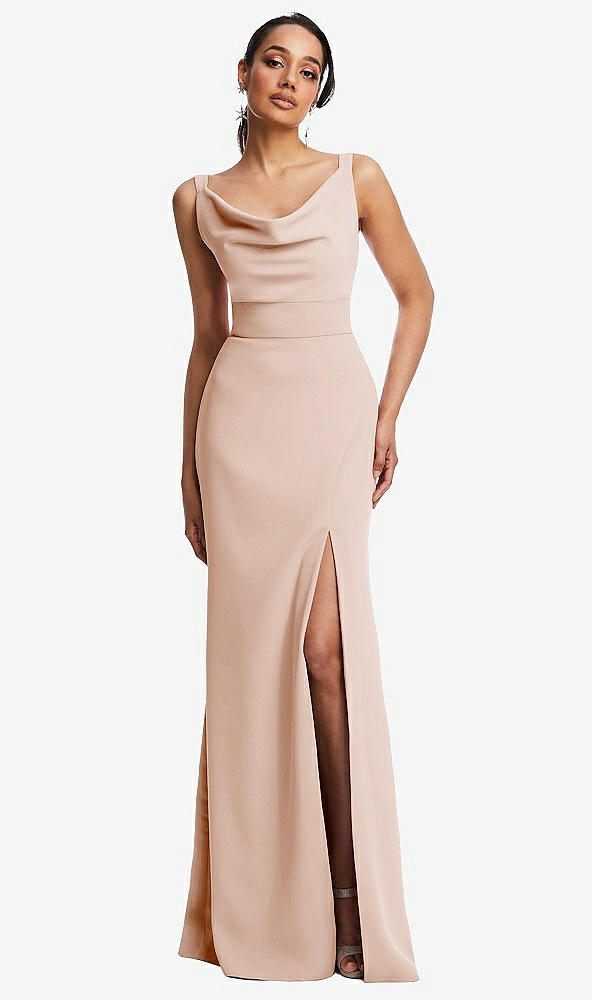Front View - Cameo Cowl-Neck Wide Strap Crepe Trumpet Gown with Front Slit