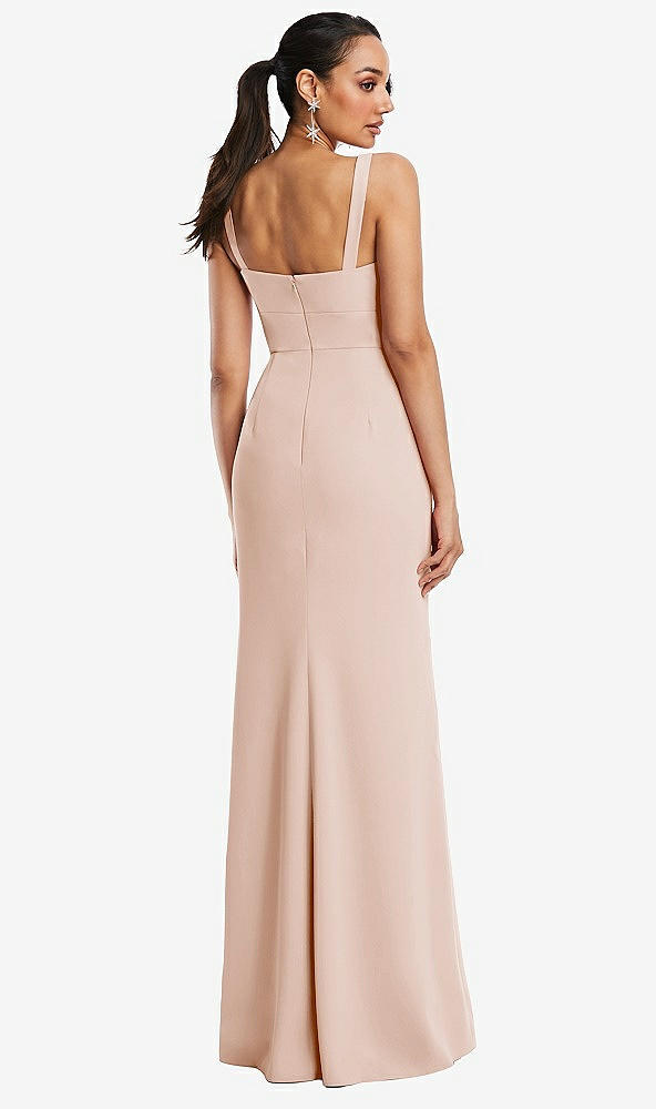 Back View - Cameo Cowl-Neck Wide Strap Crepe Trumpet Gown with Front Slit