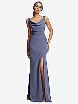 Front View Thumbnail - French Blue Cowl-Neck Wide Strap Crepe Trumpet Gown with Front Slit