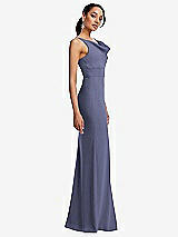 Side View Thumbnail - French Blue Cowl-Neck Wide Strap Crepe Trumpet Gown with Front Slit