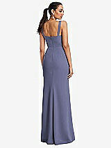Rear View Thumbnail - French Blue Cowl-Neck Wide Strap Crepe Trumpet Gown with Front Slit