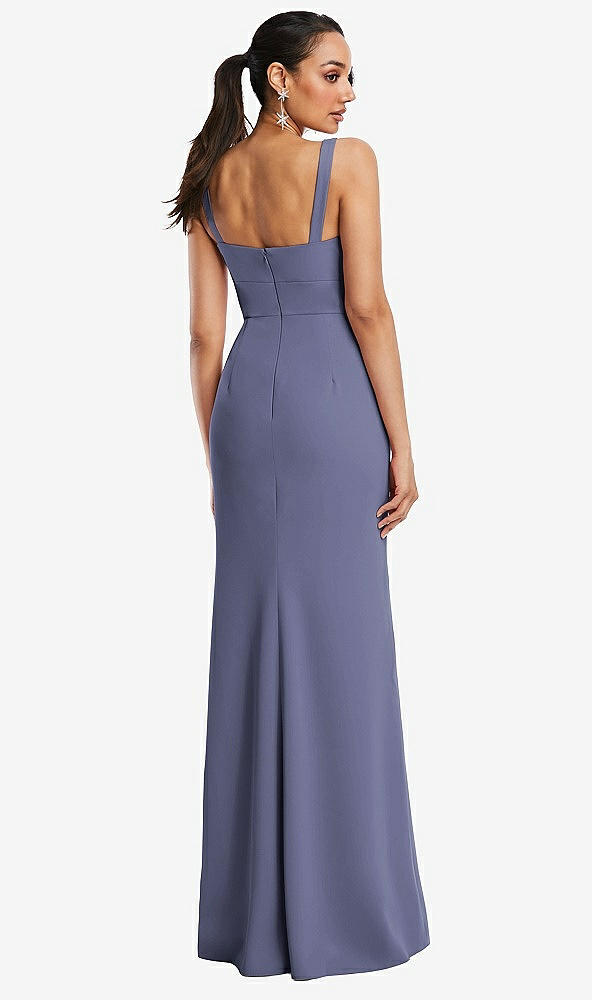 Back View - French Blue Cowl-Neck Wide Strap Crepe Trumpet Gown with Front Slit