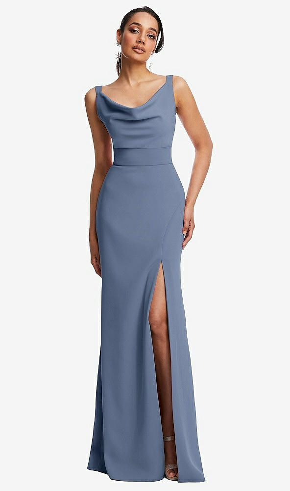 Front View - Larkspur Blue Cowl-Neck Wide Strap Crepe Trumpet Gown with Front Slit