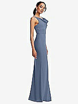 Side View Thumbnail - Larkspur Blue Cowl-Neck Wide Strap Crepe Trumpet Gown with Front Slit