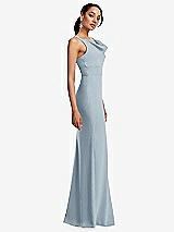 Side View Thumbnail - Mist Cowl-Neck Wide Strap Crepe Trumpet Gown with Front Slit