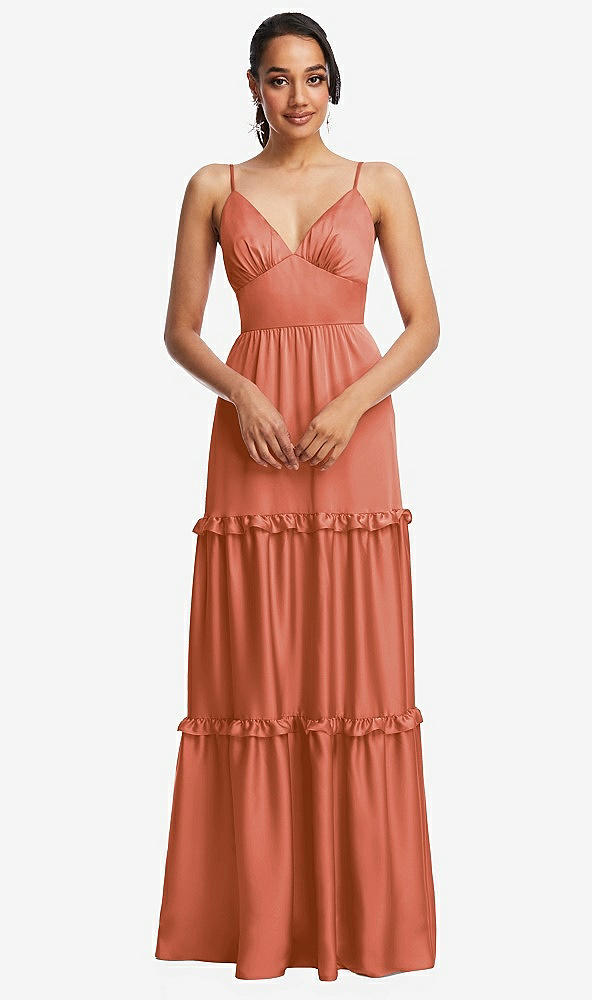 Front View - Terracotta Copper Low-Back Triangle Maxi Dress with Ruffle-Trimmed Tiered Skirt