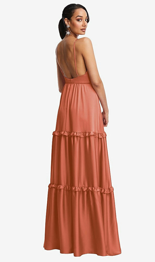 Back View - Terracotta Copper Low-Back Triangle Maxi Dress with Ruffle-Trimmed Tiered Skirt