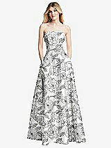 Front View Thumbnail - Botanica Strapless Bias Cuff Bodice Floral Satin Gown with Pockets
