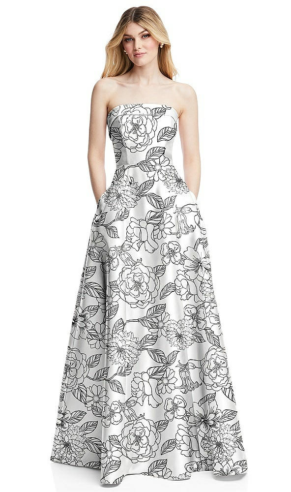 Front View - Botanica Strapless Bias Cuff Bodice Floral Satin Gown with Pockets
