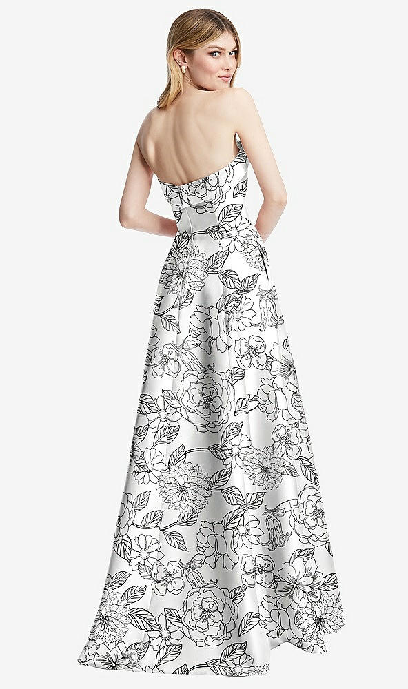 Back View - Botanica Strapless Bias Cuff Bodice Floral Satin Gown with Pockets