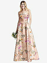 Alt View 1 Thumbnail - Butterfly Botanica Pink Sand Strapless Bias Cuff Bodice Floral Satin Gown with Pockets