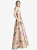 Side View Thumbnail - Butterfly Botanica Pink Sand Strapless Bias Cuff Bodice Floral Satin Gown with Pockets