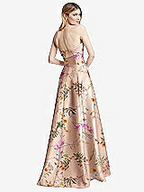 Rear View Thumbnail - Butterfly Botanica Pink Sand Strapless Bias Cuff Bodice Floral Satin Gown with Pockets