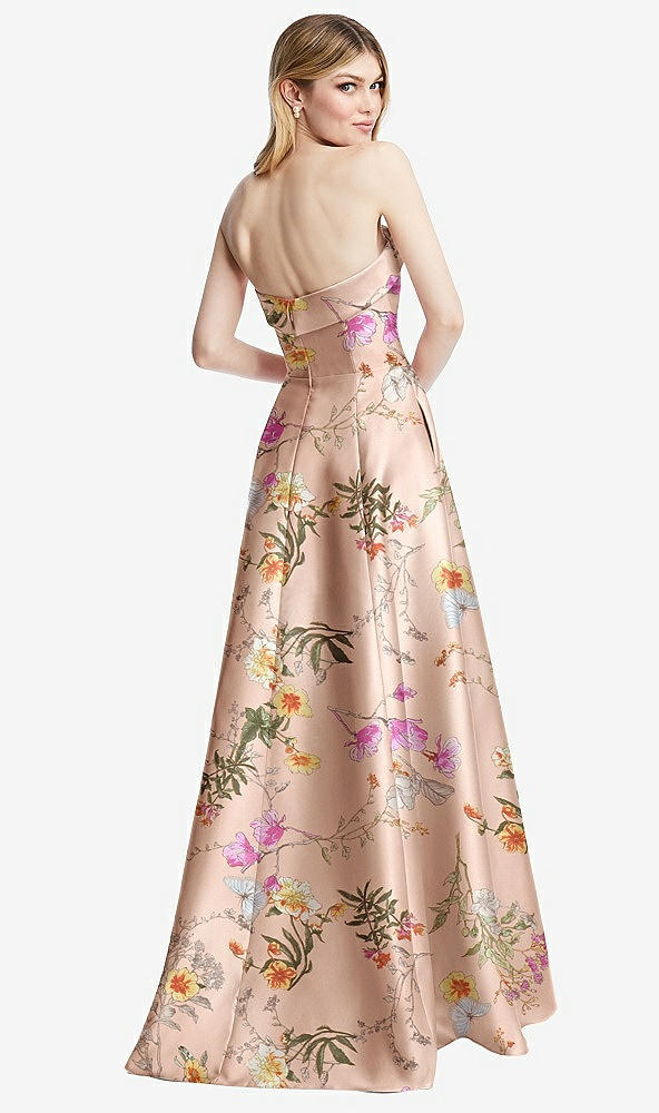 Back View - Butterfly Botanica Pink Sand Strapless Bias Cuff Bodice Floral Satin Gown with Pockets