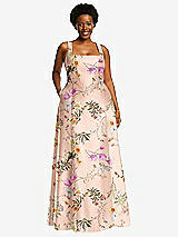 Alt View 1 Thumbnail - Butterfly Botanica Pink Sand Boned Corset Closed-Back Floral Satin Gown with Full Skirt