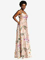 Alt View 2 Thumbnail - Butterfly Botanica Pink Sand Boned Corset Closed-Back Floral Satin Gown with Full Skirt