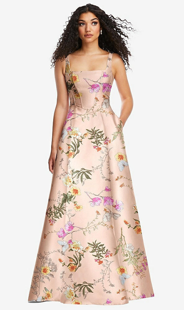 Front View - Butterfly Botanica Pink Sand Boned Corset Closed-Back Floral Satin Gown with Full Skirt