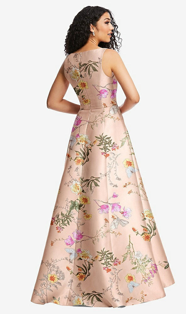 Back View - Butterfly Botanica Pink Sand Boned Corset Closed-Back Floral Satin Gown with Full Skirt