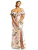 Alt View 3 Thumbnail - Butterfly Botanica Pink Sand Off-the-Shoulder Ruffle Neck Floral Satin Trumpet Gown