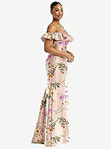 Side View Thumbnail - Butterfly Botanica Pink Sand Off-the-Shoulder Ruffle Neck Floral Satin Trumpet Gown