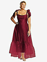 Alt View 1 Thumbnail - Burgundy Convertible Deep Ruffle Hem High Low Organdy Dress with Scarf-Tie Straps