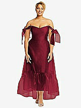 Front View Thumbnail - Burgundy Convertible Deep Ruffle Hem High Low Organdy Dress with Scarf-Tie Straps