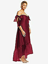 Side View Thumbnail - Burgundy Convertible Deep Ruffle Hem High Low Organdy Dress with Scarf-Tie Straps