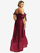 Rear View Thumbnail - Burgundy Convertible Deep Ruffle Hem High Low Organdy Dress with Scarf-Tie Straps