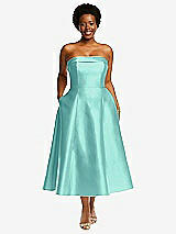 Front View Thumbnail - Coastal Cuffed Strapless Satin Twill Midi Dress with Full Skirt and Pockets