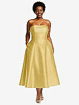 Front View Thumbnail - Maize Cuffed Strapless Satin Twill Midi Dress with Full Skirt and Pockets
