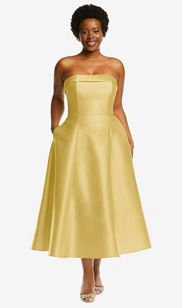 Front View - Maize Cuffed Strapless Satin Twill Midi Dress with Full Skirt and Pockets
