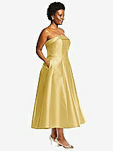 Side View Thumbnail - Maize Cuffed Strapless Satin Twill Midi Dress with Full Skirt and Pockets