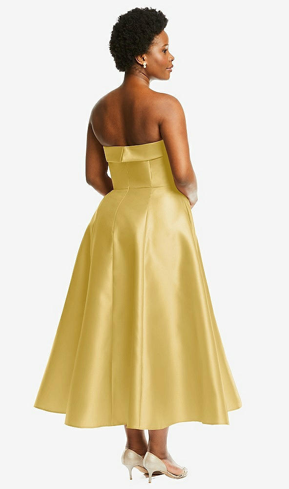 Back View - Maize Cuffed Strapless Satin Twill Midi Dress with Full Skirt and Pockets