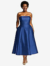 Front View Thumbnail - Classic Blue Cuffed Strapless Satin Twill Midi Dress with Full Skirt and Pockets