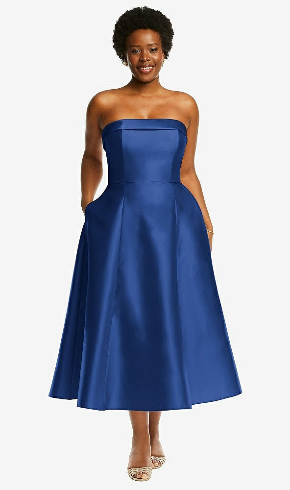 Front View - Classic Blue Cuffed Strapless Satin Twill Midi Dress with Full Skirt and Pockets