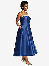 Side View Thumbnail - Classic Blue Cuffed Strapless Satin Twill Midi Dress with Full Skirt and Pockets