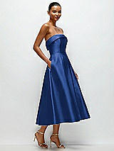 Rear View Thumbnail - Classic Blue Cuffed Strapless Satin Twill Midi Dress with Full Skirt and Pockets