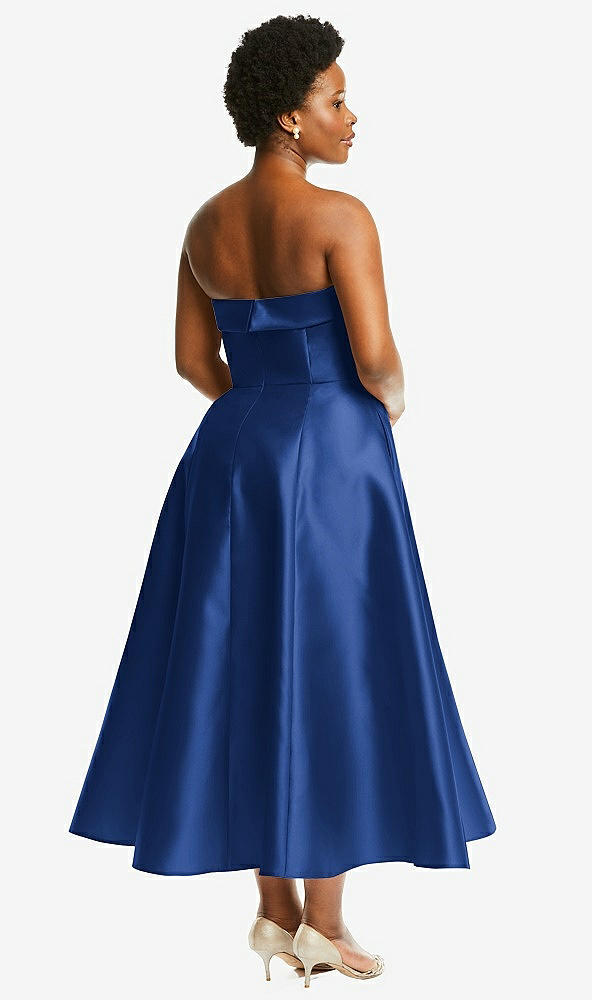 Back View - Classic Blue Cuffed Strapless Satin Twill Midi Dress with Full Skirt and Pockets