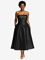 Front View Thumbnail - Black Cuffed Strapless Satin Twill Midi Dress with Full Skirt and Pockets